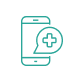 Teal smartphone icon with a speech bubble containing a plus symbol on a white circular background.